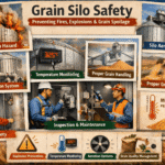 Grain silo safety infographic showing explosion risks and safety measures.